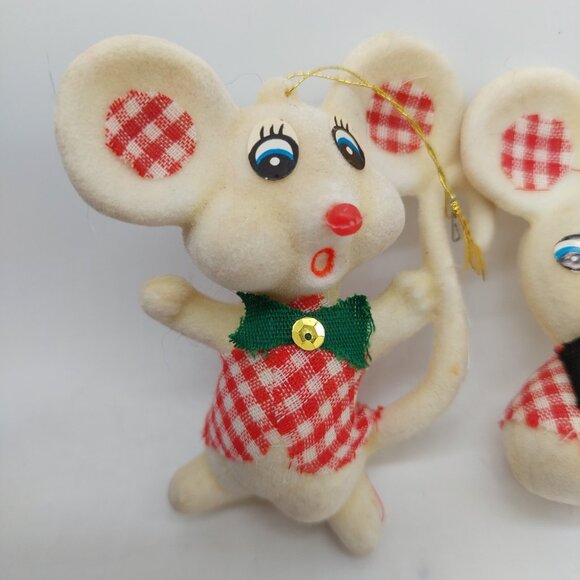 Flocked Christmas Mouse Ornament Mid Century MCM White Set Of 2 READ Vintage - Picture 3 of 7